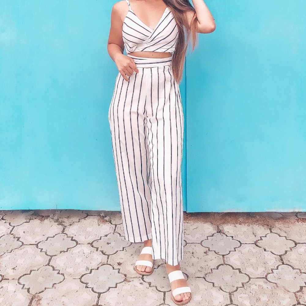 Striped Self-Tie Cami Top & Wide-Leg Pants Set